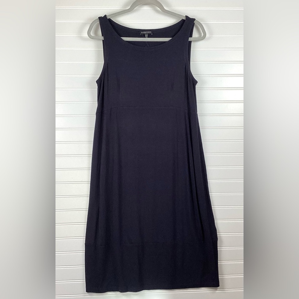 Eileen Fisher Petite BLACK  Boat Neck Keyhole Back Lantern Dress Size PM
